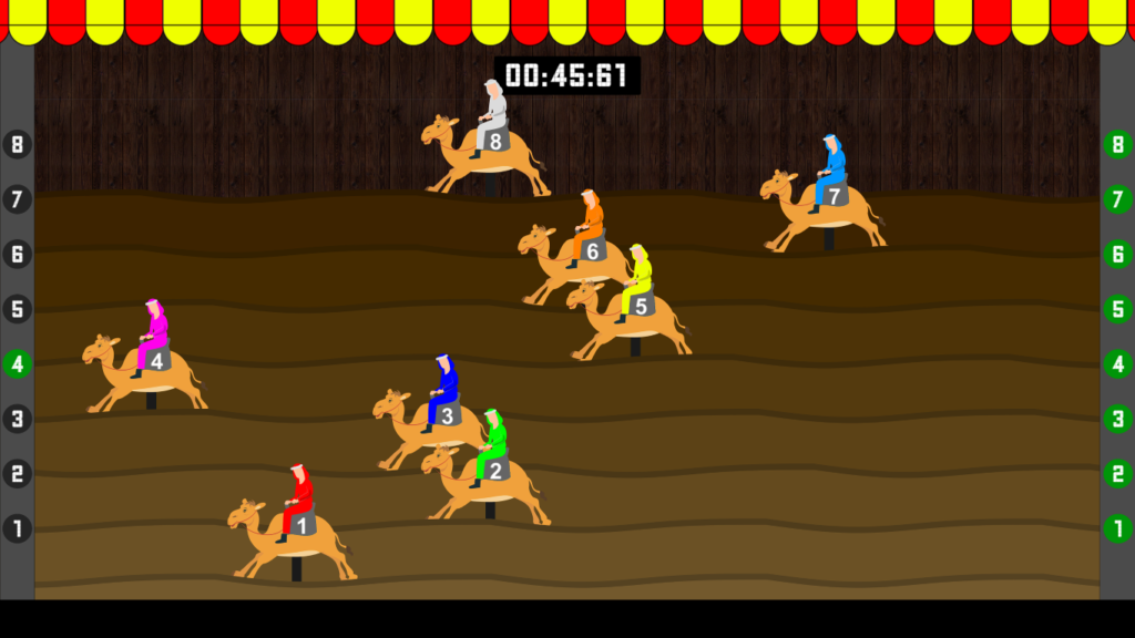 CamelDerby kamelenrace met acht kleurrijke jockeys op de racebaan